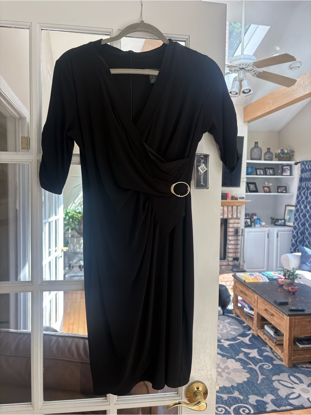 Jessica Howard Classic faux Black Wrap Dress with Gold Buckle. New with tags.